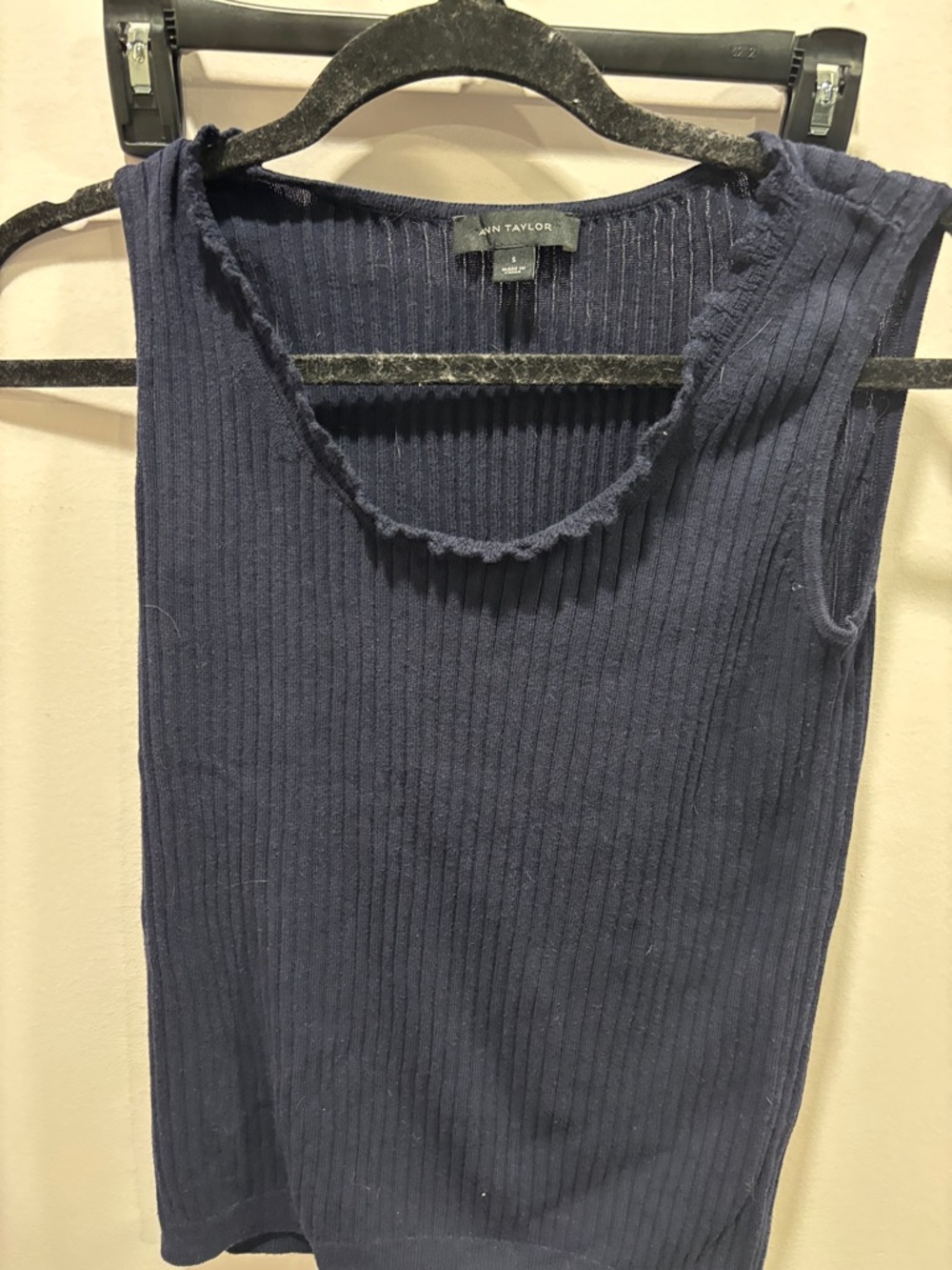 Ann Taylor Navy Ribbed Tank with Raw Edge Scoop